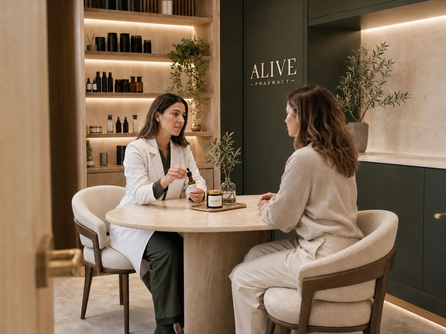 Paciente em consulta com a farmacêutica da Alive Pharmacy na sala de atendimento