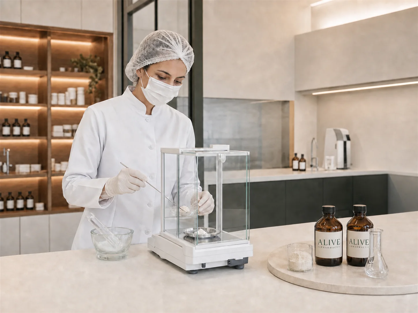Farmacêutica pesando ativos em balança analítica no laboratório da Alive Pharmacy
