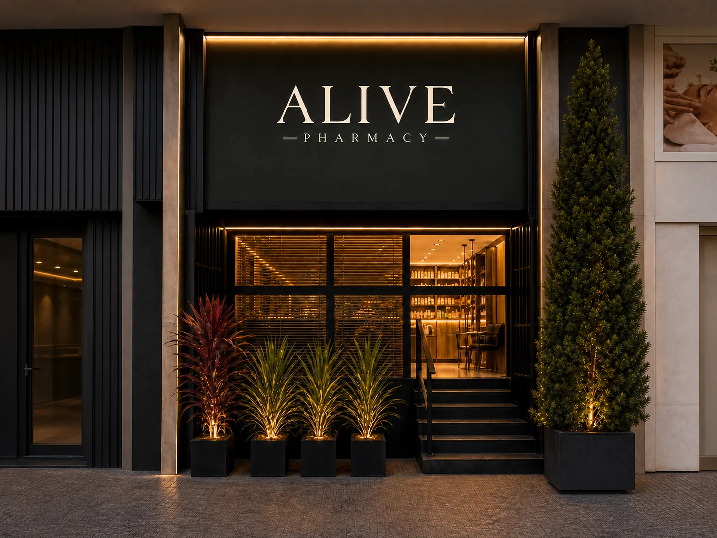 Fachada da Alive Pharmacy na galeria coberta da Asa Sul, com a assinatura iluminada
