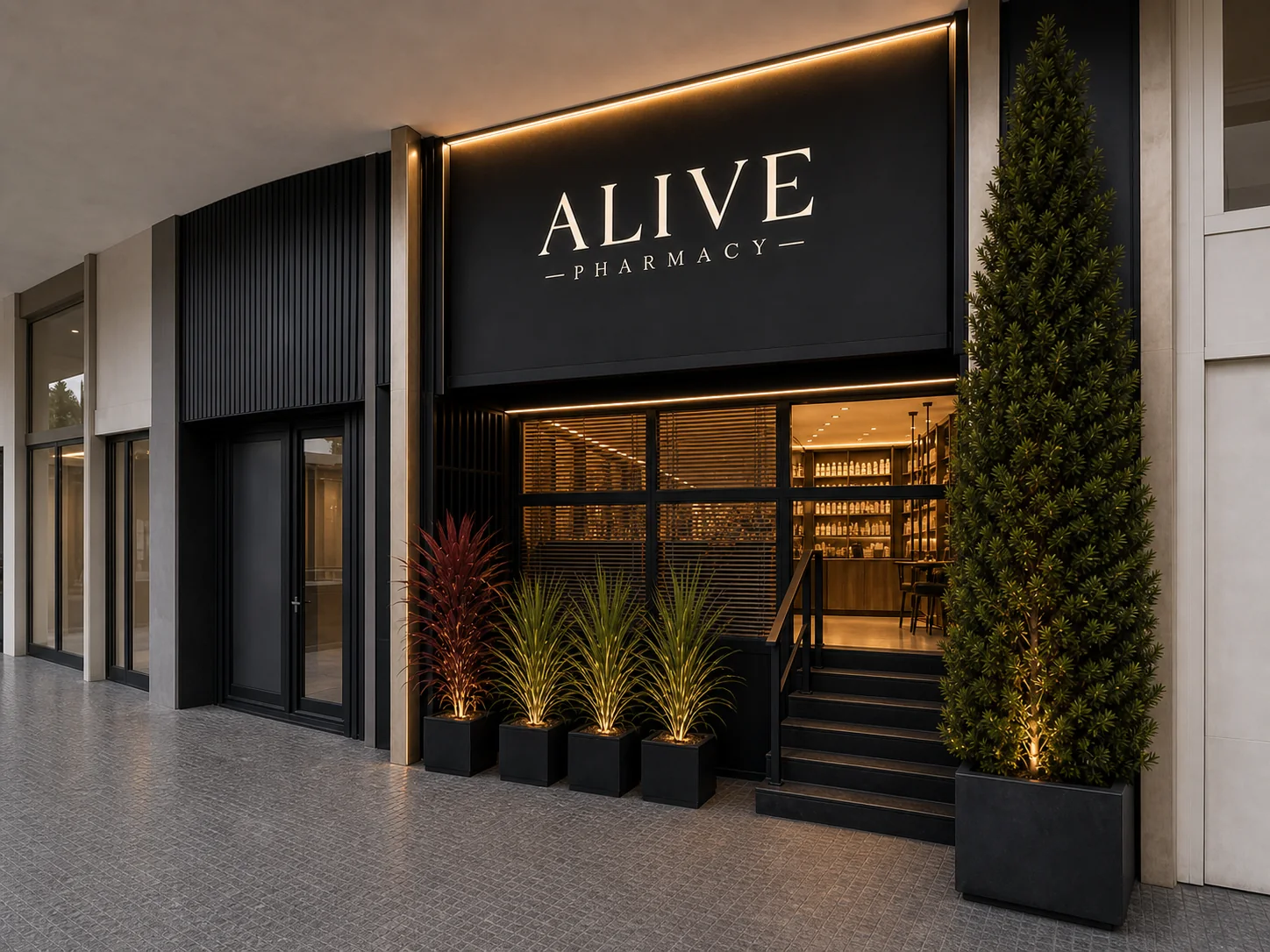 Entrada da Alive Pharmacy vista da galeria coberta, com a escada de acesso